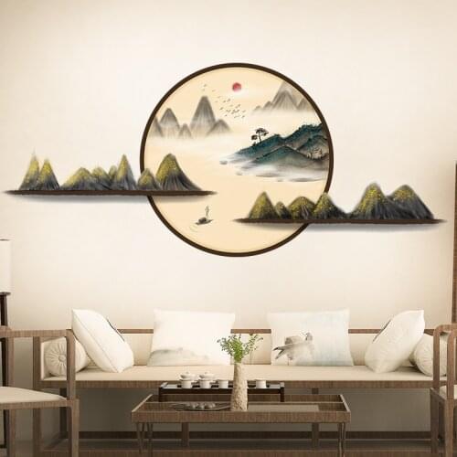 Chinese Style Ink Painting Landscape Wall Sticker Home Office Decor Living Room Art Vinyl Wall Decal Retro Mural Wallpaper