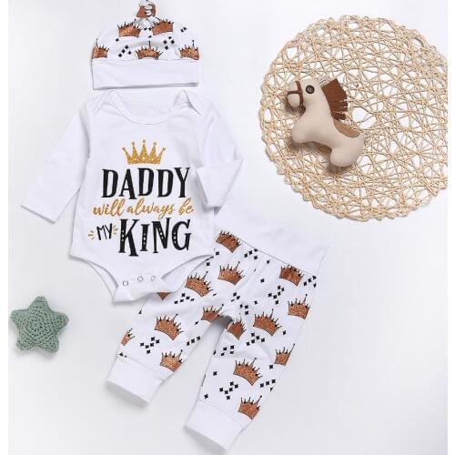 Baby Clothing Set White Letter Long Sleeve Onesies Cotton Top Crown Pants + Hat Boy 3 Piece Set Clothing Set