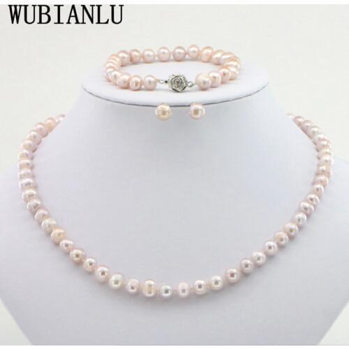 WUBIANLU 4 colors 7-8mm Pink Pearl Necklace Bracelet Earring Sets Women Jewelry Making Design Fashion Style Girl Gift Wholesale