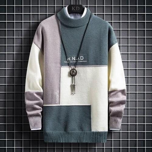 Fashion Korean Slim Fit Sweaters Tops Knitted Mens Christmas Jumper New Winter Warm Sweater Men Patchwork Color Block Pullover