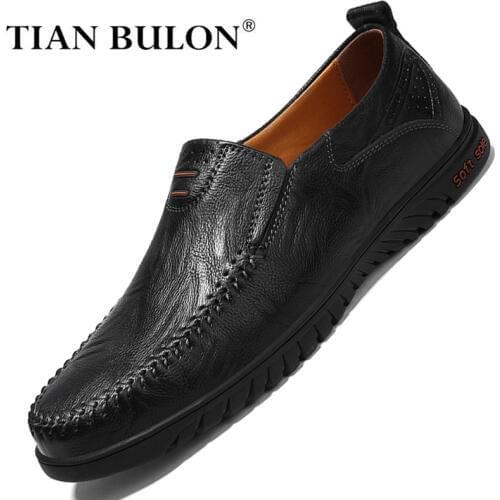 Men Casual Shoes Luxury Brand Genuine Leather Mens Loafers Moccasins 2020 Breathable Slip on Driving Shoes Black Plus Size 37-47