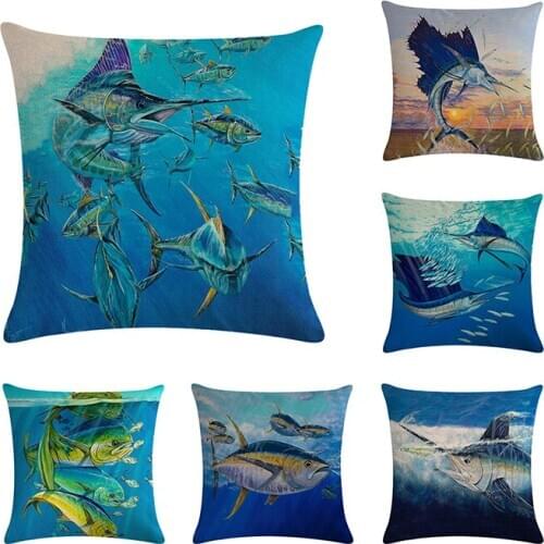 Sea Animal Cushion Cover Ocean Sea Swordfish salmon Beach Pillow Case Cotton Linen 45x45cm Throw Pillow Cover Home Decoration