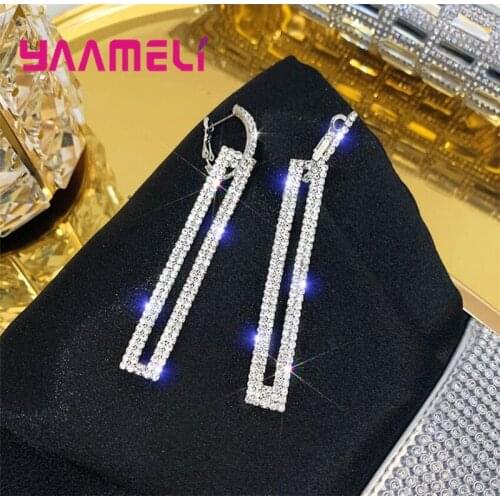 Luxury Long Crystal Drop Earrings for Woman Girl 925 Sterling Silver Rectangle Rhinestone Pendientes Piercing Jewelry Brincos