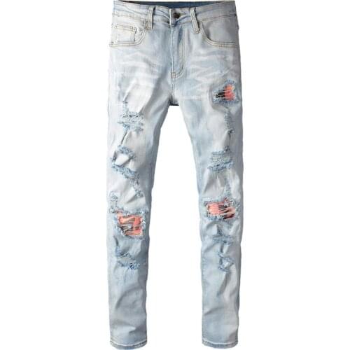 New Mens Male Trousers Street Fashion Brand Light Color Custom Patch Hole Jeans Mens Youth Stretch Tights Denim Pants
