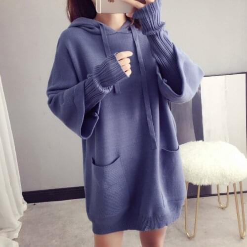 Women Korean Fake Two Hooded Pullovers 2021 Spring Autumn Loose Solid Color Fashion Pocket Knit Sweaters Female Clothes M637