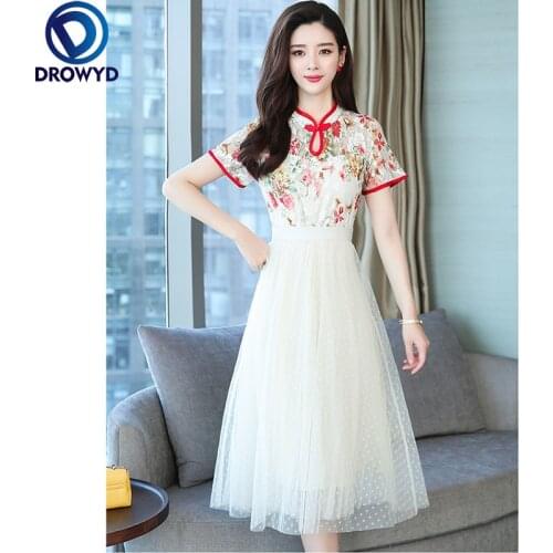 Plus Size M-4XL 2021 New Lace Gauze Fashion Modern Cheongsam Oriental Dress Women Short Sleeve Qipao Traditional Chinese Clothes