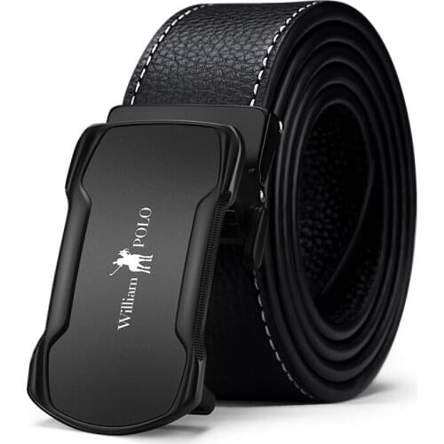 Williampolo Mens Slim Belt Automatic Buckle Metal Fashion Genuine Leather Mens Cowhide Belt Business Casual 18235-36p