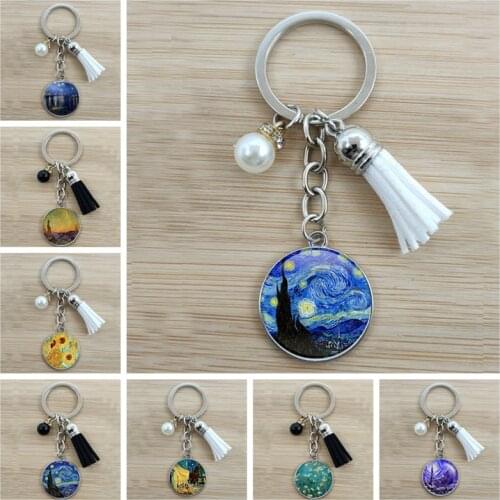 VintageVanGoghpainting pendant keychain moon night street landscape pattern sunflower keychain male and female handmade keychain