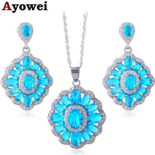 Anniversary Fashion Jewelry Sets for Women Silver Stamped Wholesale Price Sky Blue Zircon Earrings Necklace JS652A