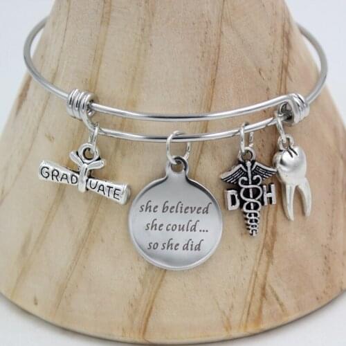 DH Graduate Jewellery Dental Hygienist Charm Bracelet DH Dentist Graduation Gift School Gifts Stainless Steel Bangle