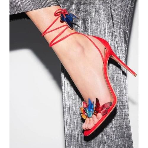 2021 Summer New Butterfly Sandals Women Stiletto Ankle Strap Flowers High Heels Shoes Ladies Sandalias Fashion Femmes Chaussures