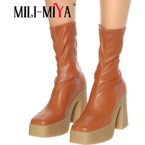 MILI-MIYA Fashion Stretch Microfiber Women Ankle Boots Zipper Solid Color Platform Thick High Heels Square Toe Plus Size 34-43