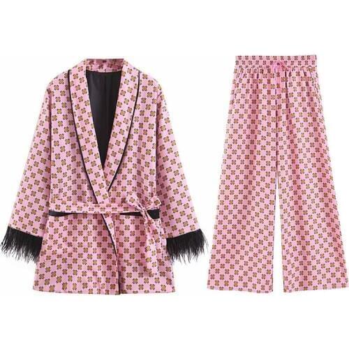 2019 Geometric Printing Feather Kimono Coat With Sashes Fashion Ladies Wide Leg Pants Pajamas Suits Pink Two Piece Set