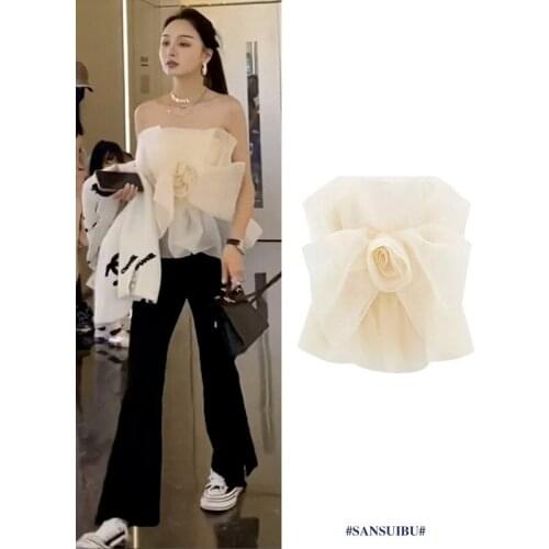 Mesh Flowers Tank Top Women Sweet Temperament Sleeveless Off-the-shoulder Fold Vest Strapless Backless Summer Crop Tops