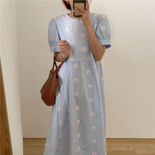 Vintage Floral Loose Women Dress Embroidery Summer Korean Style Puff Sleeve Midi Dress Women Elegant Party Long Dresses Vestidos