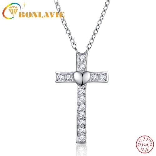 BONLAVIE 925 Sterling Silver Cross Diamond Zircon Pendant Necklace Cross Chain with Zircon Women Necklace