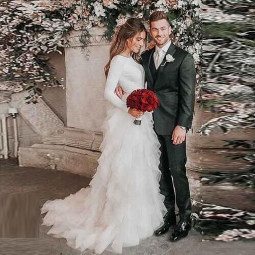 Vestido de novia sirena O-neck Jersey Ruffles Organza Low Back Luxury Wedding Dress Long Sleeve Sweep Train Bride Wedding Gown