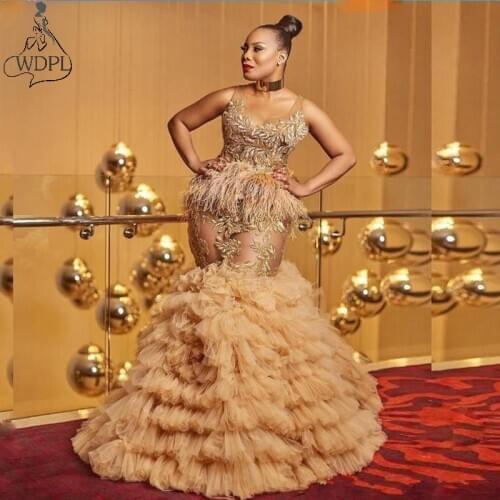 Sexy See Through Prom Dresses Plus Size Lace Tiered Gold Evening Gowns with Feathers vestido de novia Party Celebrity Dress