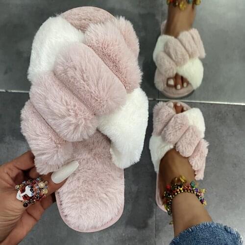 Winter Women Faux Fur Slippers Warm Fluffy Furry Cross Strap Home Indoor Shoes Footwear Cozy House Non Slip Mix Color Whosale