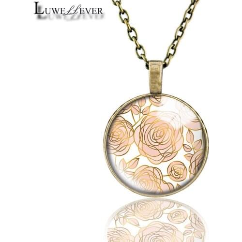 Champagne Gold Necklace 710 25mm Bronze 30mm Wood Rhinestone Double-sided Moon Round Glass Pendant For Women Gift