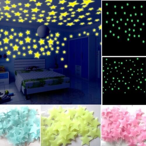 100Pcs 3D Stars Glow Wall Stickers Decal Baby Kids Bedroom Home Decor Color Stars Luminous Fluorescen Living Rooms Decor
