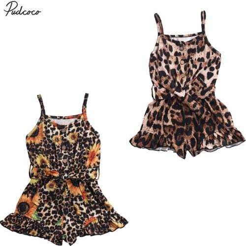 2020 Summer Leopard 1-6Y Kids Girls Rompers Sunflower Leopard Print Summer Sleeveless Bow Jumpsuit Playsuit Flare Pants 2 Kinds