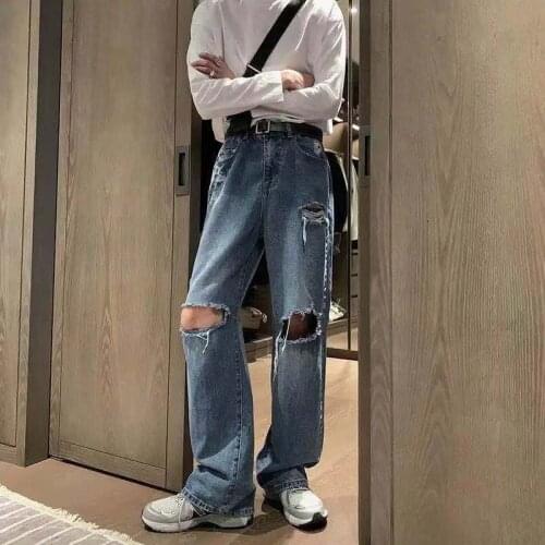 2021 Summer Mens Fashion Straight Pants Loose Korean Style Blue Color Casual Pants Wash Holes Jeans Baggy Homme Trousers S-3XL