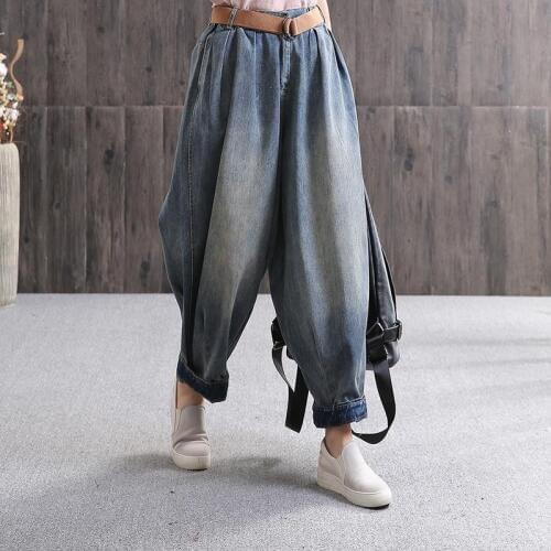 Women Baggy Denim Pants with belt Hip Hop Streetwear Joggers Blue Pockets Vintage Trouser Spring Wide Leg Pants For Women X9195