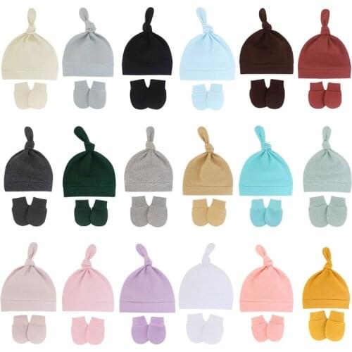 Baby Anti-scratching Gloves Knotted Hat Set Newborn Mittens Warm Beanie Cap Kit Infants Shower Gifts
