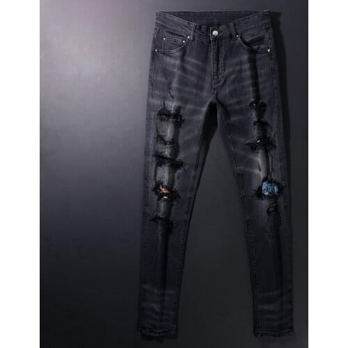 American Street Fashion Men Jeans Retro Black Gray Elastic Slim Fit Ripped Jeans Men Patches Designer Hip Hop Denim Punk Pants