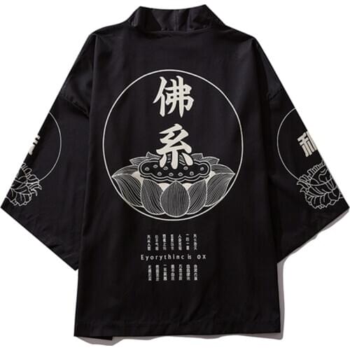 Buddhism Print Japanese Black Kimono Haori Yukata Cosplay Women Men Fashion Summer Casual Traditional Robe Streetwear Clothing