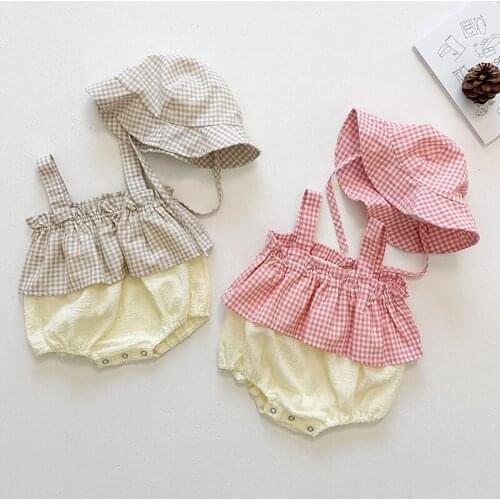 Brand Baby Girl Vest Plaid Cute Romper Sum Hat Clothing Summer 2021 Sets For Bbies Children Newborn Baby Girl Clothes Overalls