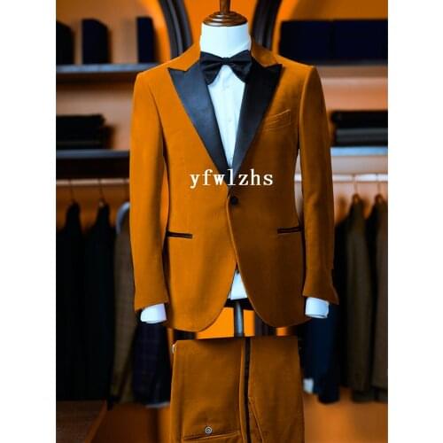 Handsome Groomsmen Velveteen Groom Tuxedos Wedding Dress Men Suits Blazer Prom Dinner (Jacket+Pants+Tie) K357