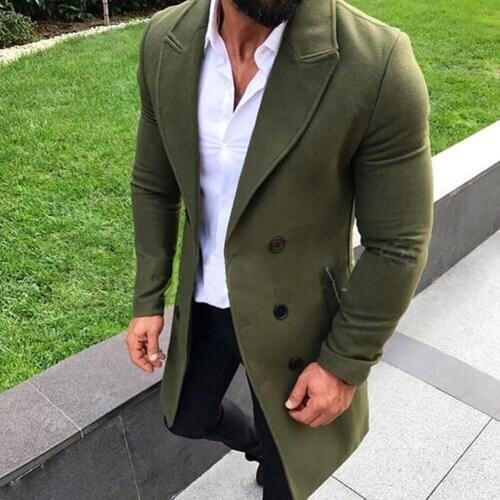 Men Fashion Turn-down Collar Wool Blend Double Breasted Pea Coat Jacket Men Brand Overcoats Autumn Long Wool Coat