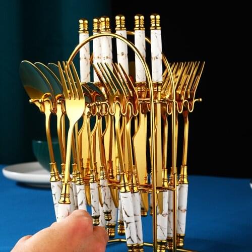 24PCS Ceramic Handle Tableware Set Gold Fork Spoon Knife Set Stainless Steel Cutlery Set Dishwasher Safe Dinnerware Dinner Sets