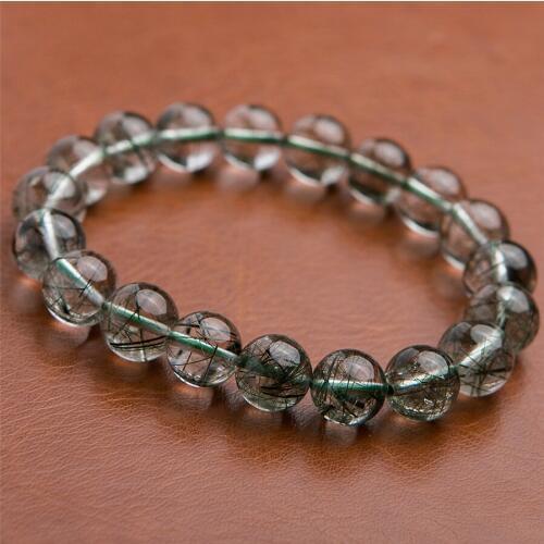 Genuine Brazil Natural Green Rutilated Quartz Crystal Round Bead Stretch Bracelet