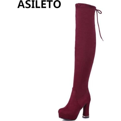 ASILETO 2021 Sexy Over The Knee Boots Platforms Lace Up Slim Stretch Fabric 11CM Block Heel Size 33-43 Black Red Brown A4475