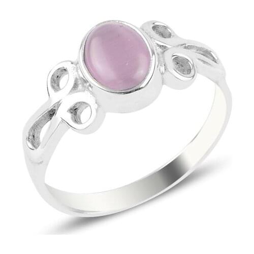 Silver 925 Sterling Pink Cat 'S Eye Engagement Ring