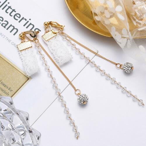 Romantic White Lace Earrings Crystal Beads Ear Clip Non Pierced Earrings Long Tassel Ear Pendant Jewelry For Party Wedding