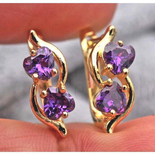 Cute Hoop Earrings for Women Gold Filled Purple Heart Cubic Zirconia Earring Romantic Circle Earrings Engagement Wedding Jewelry