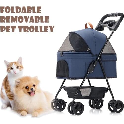 Foldable Dog Stroller Portable Four-Wheel 360°Rotation Pet Cat Cart Cage Removable With Rain Cover Breathable Trolley For Dogs