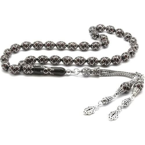 Tesbihane 925 Sterling Silver Tassels Silver-Coral Embroidered Barley Cut Erzurum Oltu stone Rosary (M-1)