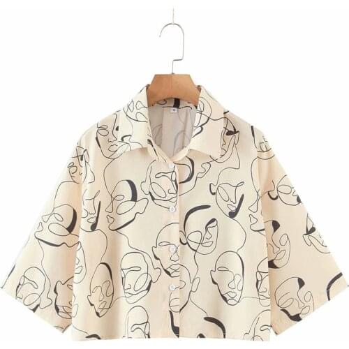 Evfer Women Summer Fashion Mask Print Za Yellow Short Tops Oversize Chic Lady Casual Short Sleeve Single Breasted Loose Shirts