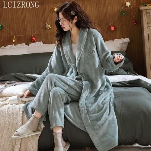 Spring Pajamas Set Women Thickened Long Solid Color Flannel Nightgown Female 2XL Plus Size 2 Piece Bathrobe And Pants Suits 2021