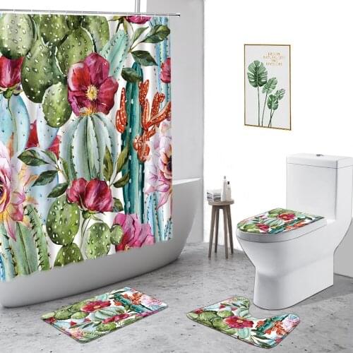 Tropical Cactus Waterproof Shower Curtain Green Flowers Plant Bathroom Decoration Set Non-Slip Carpet Toilet Cover Bath Curtains