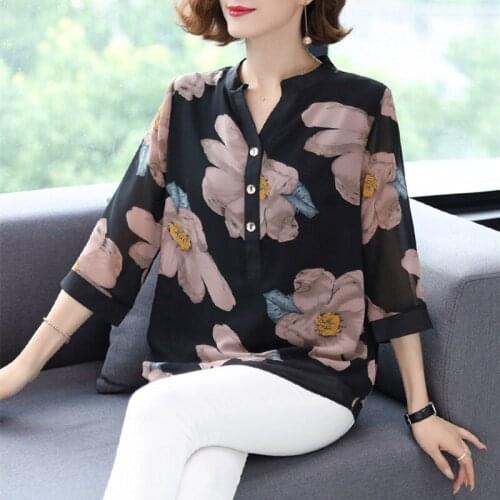 Spring Autumn Women Shirts Chiffon Print Stand-Up Collar Temperament Casual Blouses Half Sleeve Losse Blusas Tops MM05788
