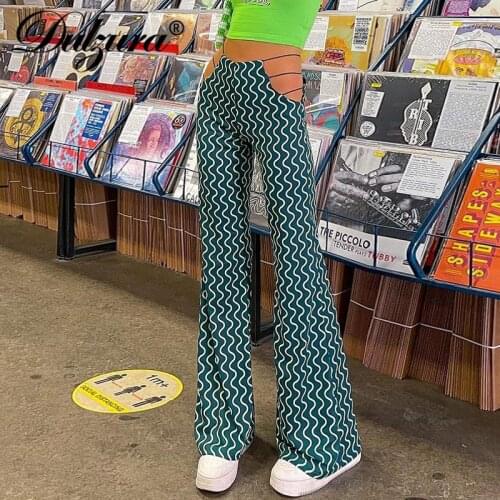 Dulzura Ripple Stripe Print Hollow Out Women High Waist Wide Leg Pants Streetwear Casual 2021 Autumn Winter Trousers Bottoms