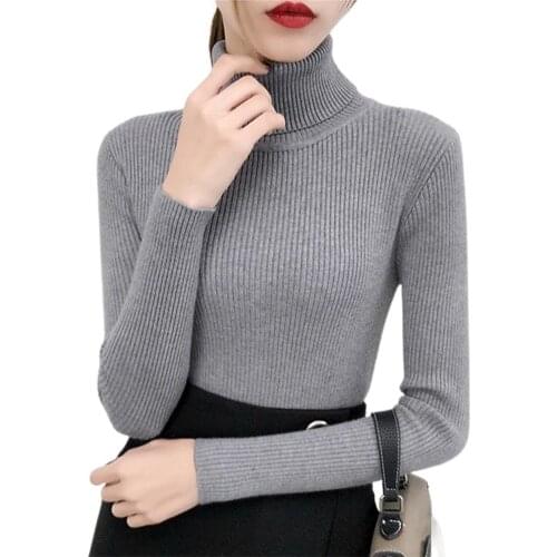 2021 Autumn Women Sweater Ribbing Turtleneck Solid Color High Stretchy Winter Women Tops Knitted Pullover Streetwear