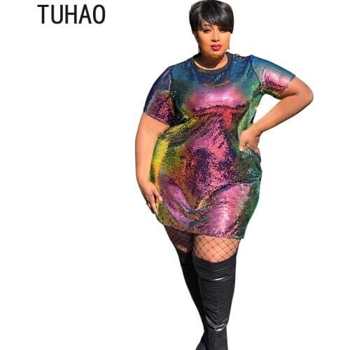 TUHAO 2020 summer dresses large size 5XL 4XL 3XL Sequined Dress plus size Women Sequin Sleeve Party Nightclub Dress Vestido WM12