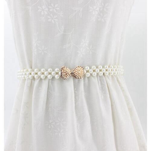 Elegant Women Ladies Pearls Crystal Beads Chain Belt Stretchy Flower Buckle Waistband